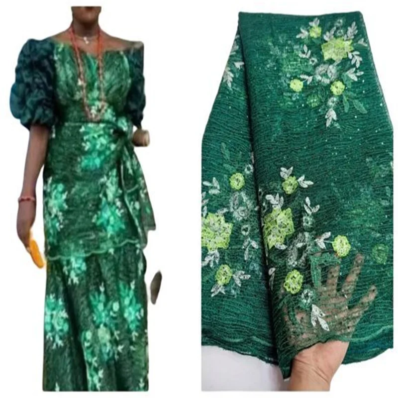 Green Latest Embroidery African Lace Fabric 5 Yards High Quality Nigerian Women Wedding Asoebi French Tulle Lace Material 2022