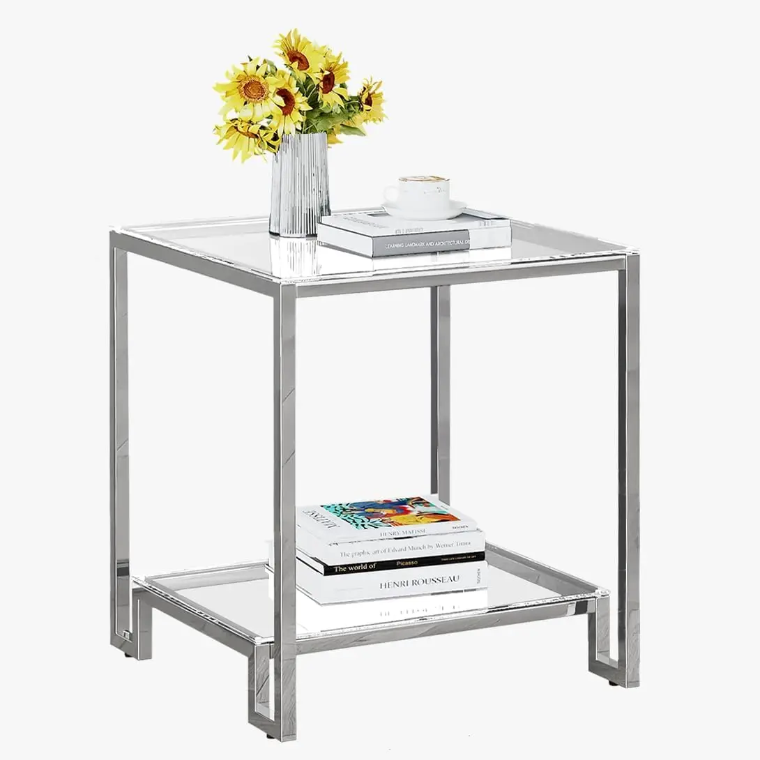 

2 Tier Square End Table Side Table with Tempered Glass Top and Silver Stainless Steel Frame Modern Night Stand for Small Spac