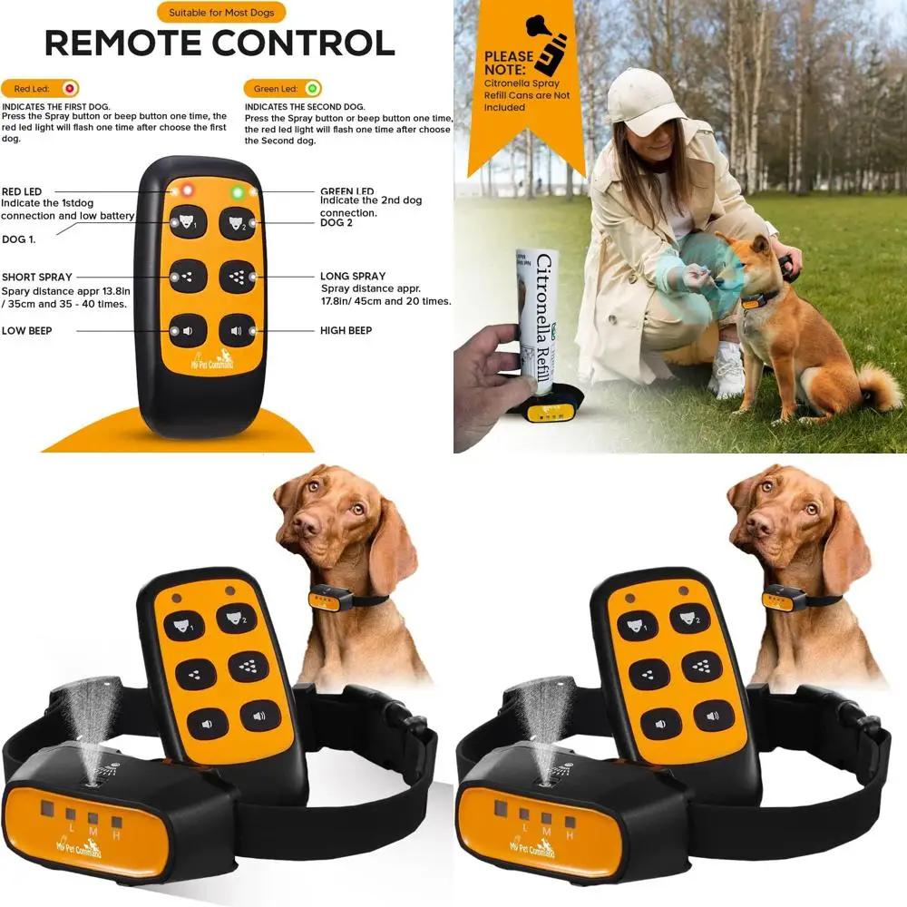

Dual-Function Citronella Dog Bark Control Collar with Auto & Remote Spray, Adjustable Sensitivity, and Training Whistle