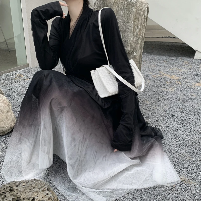 Dark Chic Gauze Japanese Irregular Black White Skirt 2025 New Fashion Girl Spring Autumn High Waist A-line Versatile Long Skirts