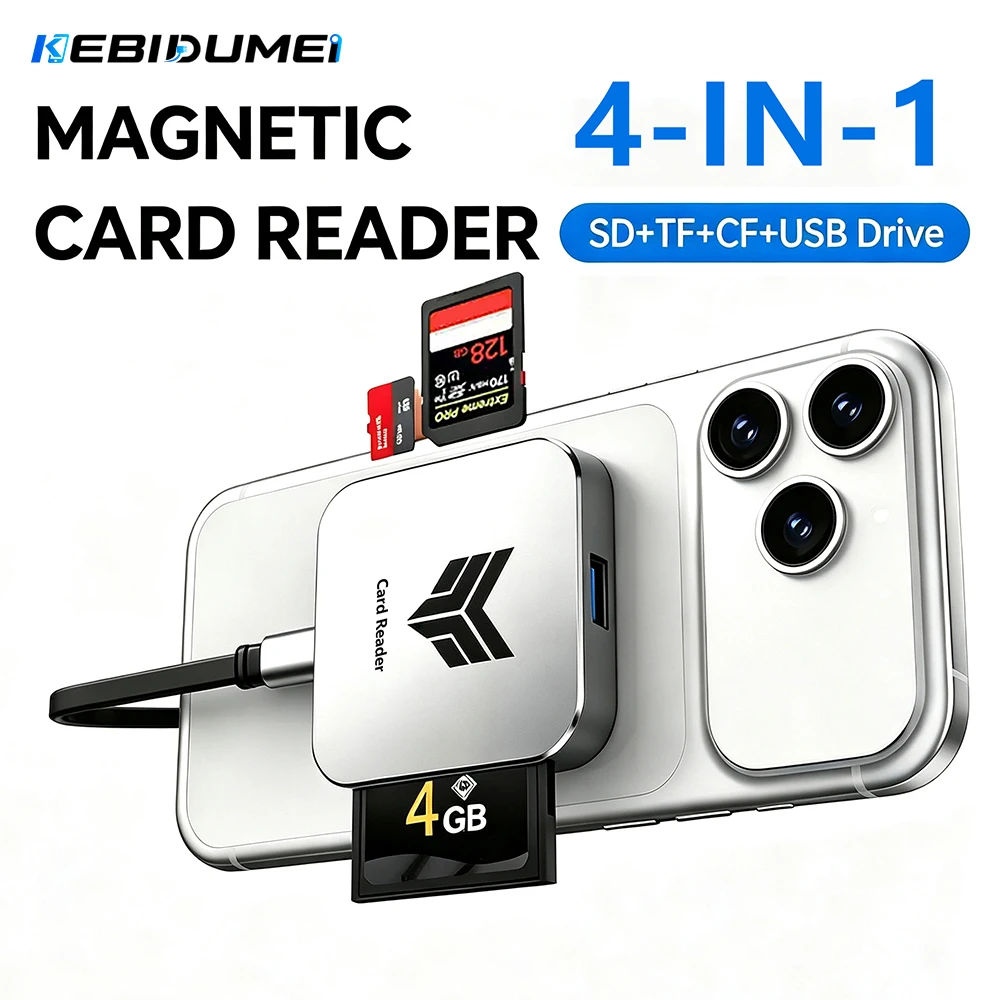 Kebidumei Magnetischer 4-in-1 Kartenleser OTG CF SD TF Karten USB-Speicherkartenleser Tragbarer Hochgeschwindigkeitsadapter für Handy & Kamera