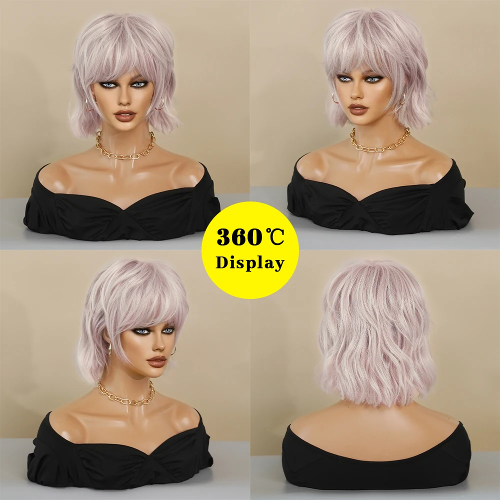 Pink Silver Short Wigs for Black Women Cut Layer Straight Hair Bob Wig with Bangs Synthetic Wigs Party Daily Use Heat Resistant