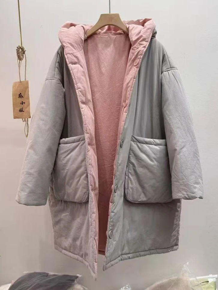 2025 Winter New Women's Cotton Jacket Commuter Hoodie Splicing Oversize Double Sided Cotton Jacket