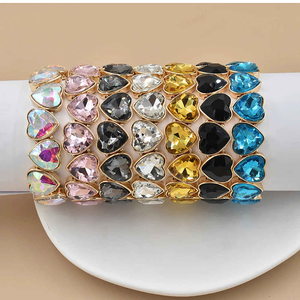 

European and American Exaggerated Style Gold Elastic Heart-shaped Color Crystal Alloy Bracelet For Women jewelry