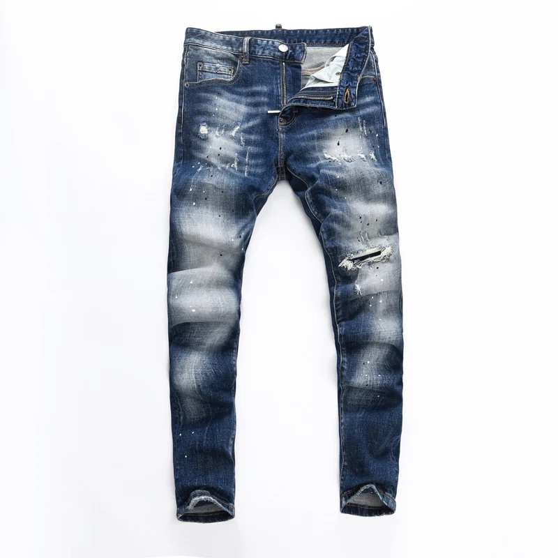 

Designer Fashion Men Jeans High Quality Retro Washed Blue Stretch Slim Fit Ripped Jeans Men Patched Brand Vintage Denim Pants