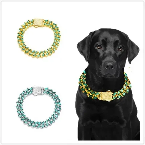 New Dog Collars Bling 13mm Green Stone Diamondd Cuban Chain Cat Necklace Gold Silver Color Pet Jewelry Accessories