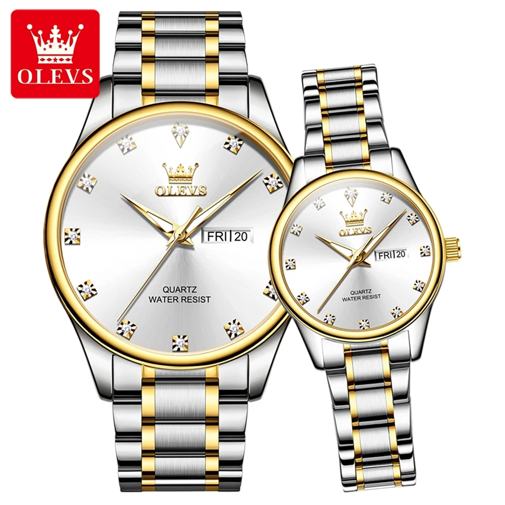 OLEVS-reloj de cuarzo para hombre y mujer, cronógrafo de lujo con esfera de diamante, correa de acero inoxidable, resistente al agua, para amantes