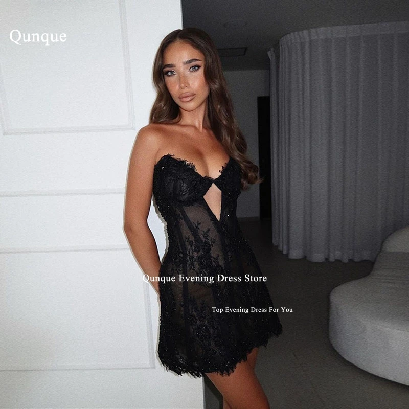 

Qunque Black Lace Mini Prom Gowns Sweetheart A-line Slim Short Cocktail Dress Appliques Sexy Cut Out Vestidos Formales Mujer