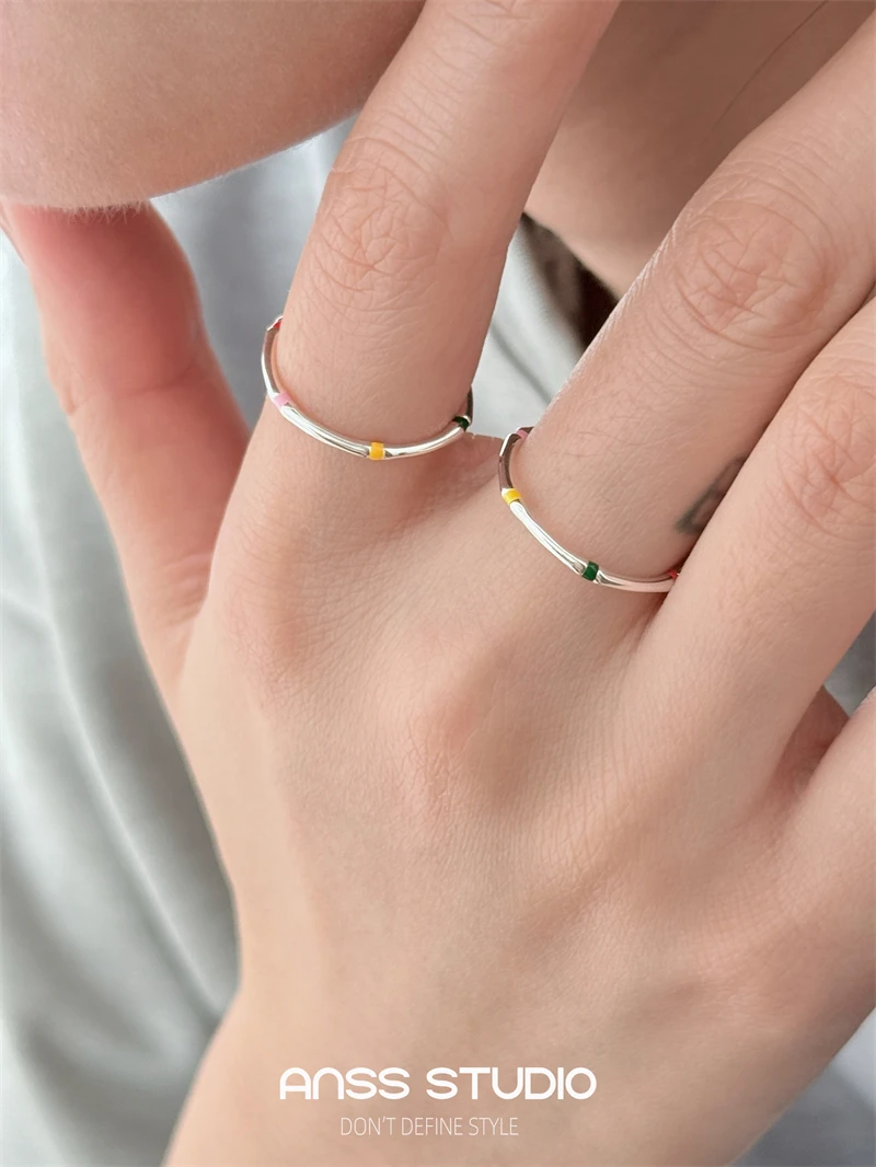 

【ANSS】925 Sliver Bamboo Jointe Rings Open Adjustable Colorful Finger Rings For Women Girl New Fashion Simple Style