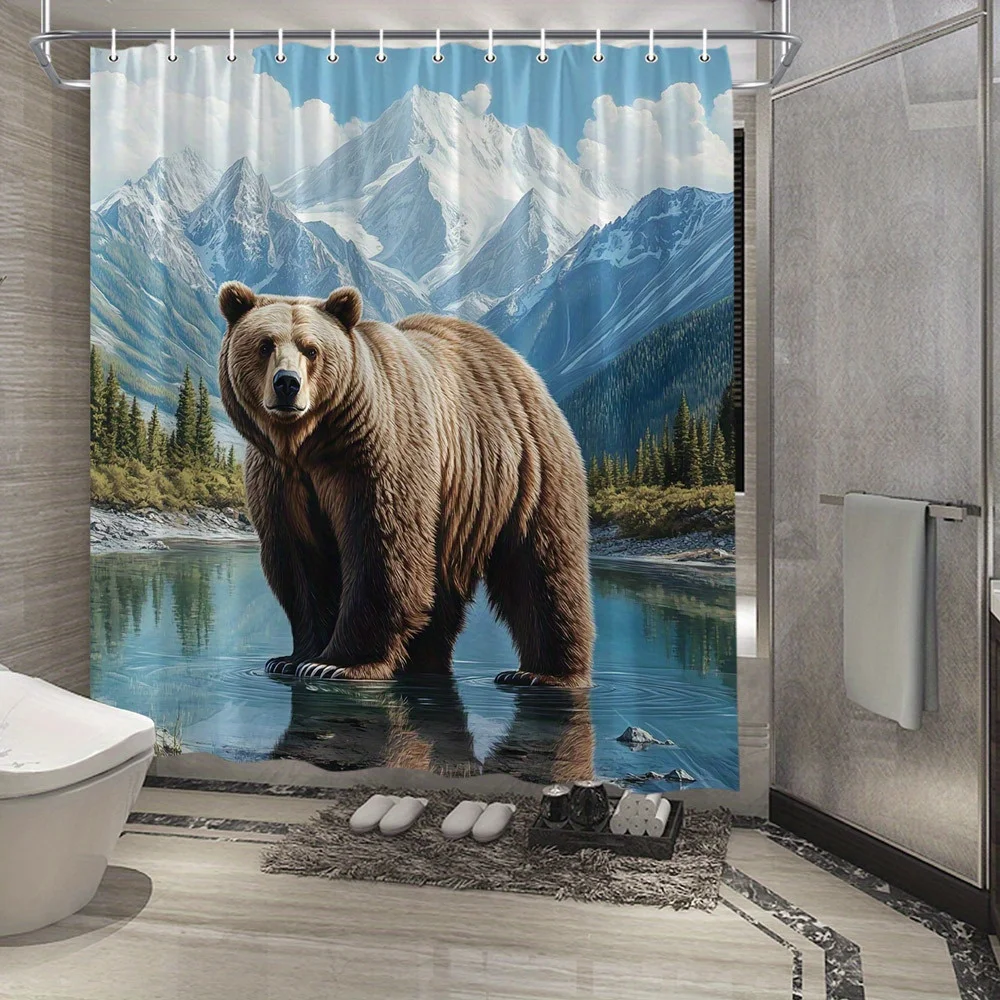 

1 шт. реалистичная занавеска для душа с отражением коричневого медведя и горного озера — дизайн спокойного лесного пейзажа, прочная полиэфирная ткань,
