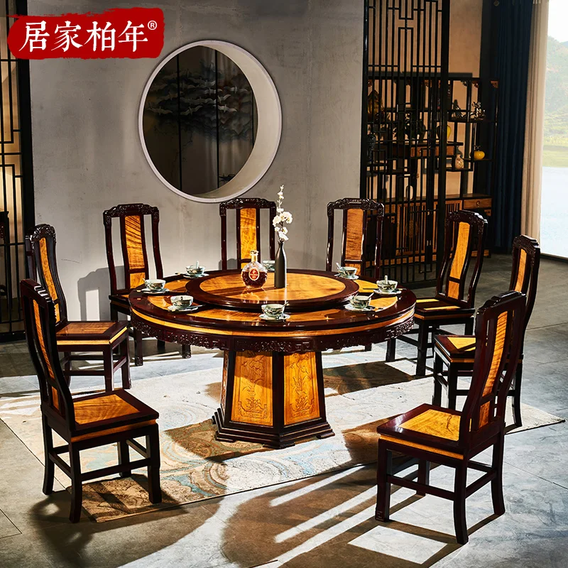 Meja Bundar Nanmu Emas, Meja Makan Rumah Kayu Solid Bulat Cendana Merah, Meja Makan dan Kursi Rosewood Furnitur Cina c
