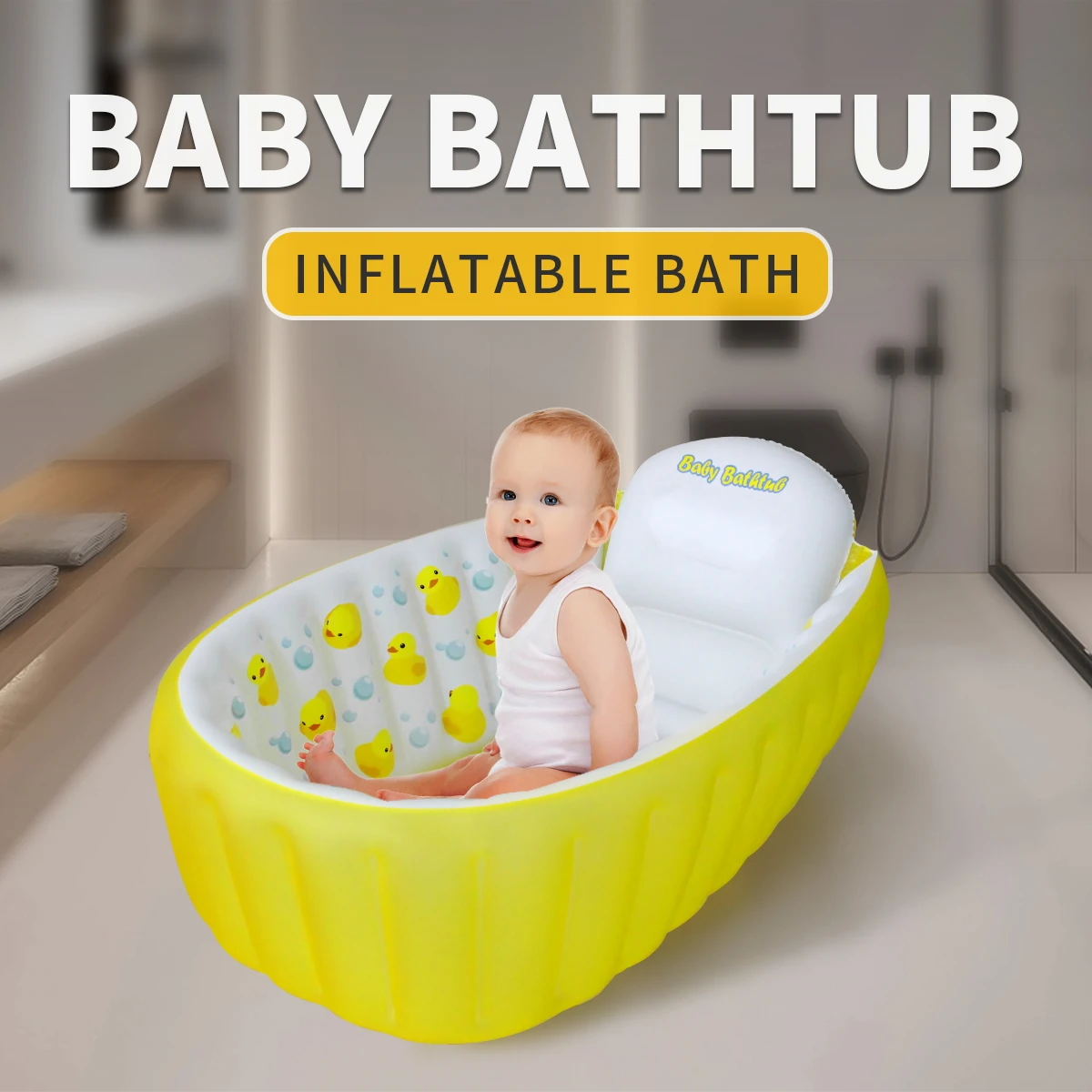 Inflatable Bathtub Pool for Sitting up, Blow up Portable Non-slip Baby Toddler Bathtub for Kids 0-6 Month, Yellow