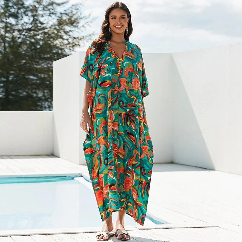 Tropical Lily Floral Oil Painting Kaftan Women Summer Beauty Boho Maxi Dress Green Rayon Breeze Caftan Robe Island Beach CoverUp