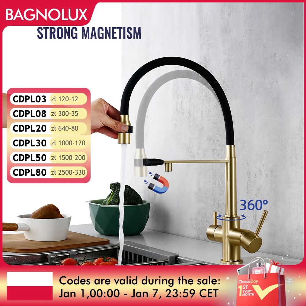 Brushed Gold Kitchen Faucet Filter 360 Swivel Pure Water Tap for 3 Ways Kitchen Pull Out Purification Water Mixer Double Handle