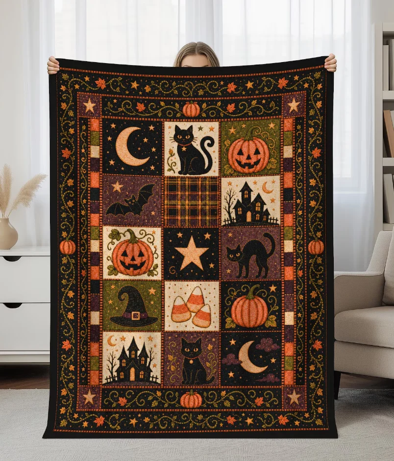 Vintage Quilt Inspired Cozy Blanket Halloween Throw  Black Cat Pumpkin Ghost Crescent Moon Blanket