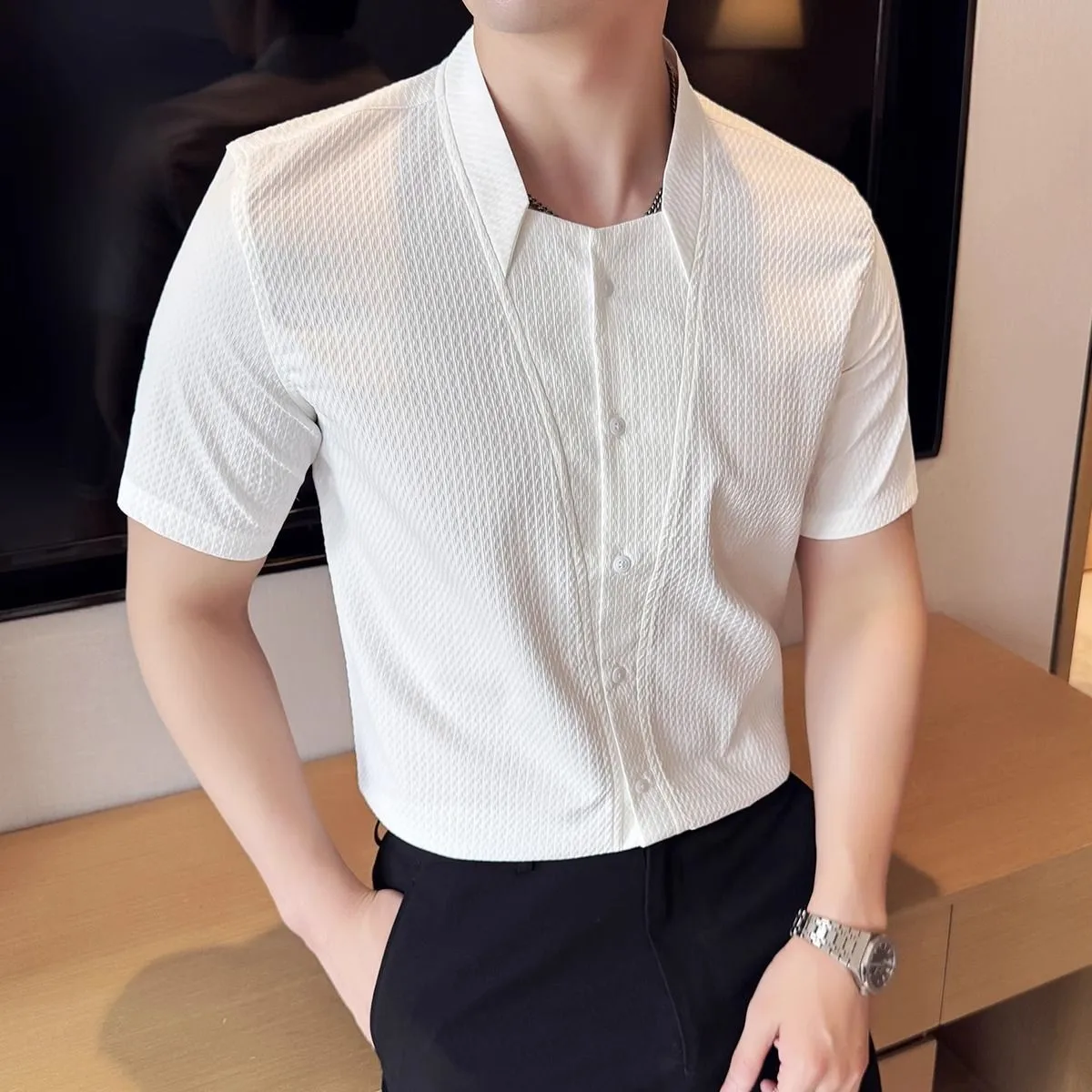 

Mens Shirts Slim-Fit Stand-Up Collar Shirts Streetwear Fashion Personality Versatile Short-Sleeve Tops Men'S Clothing 2025 New
