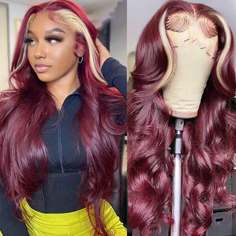 

99J Burgundy With 613 Blonde Human Hair Wigs 13x4 Body Wave Stripe Colored Lace Front Wig PrePlucked Lace Frontal Wigs For Women