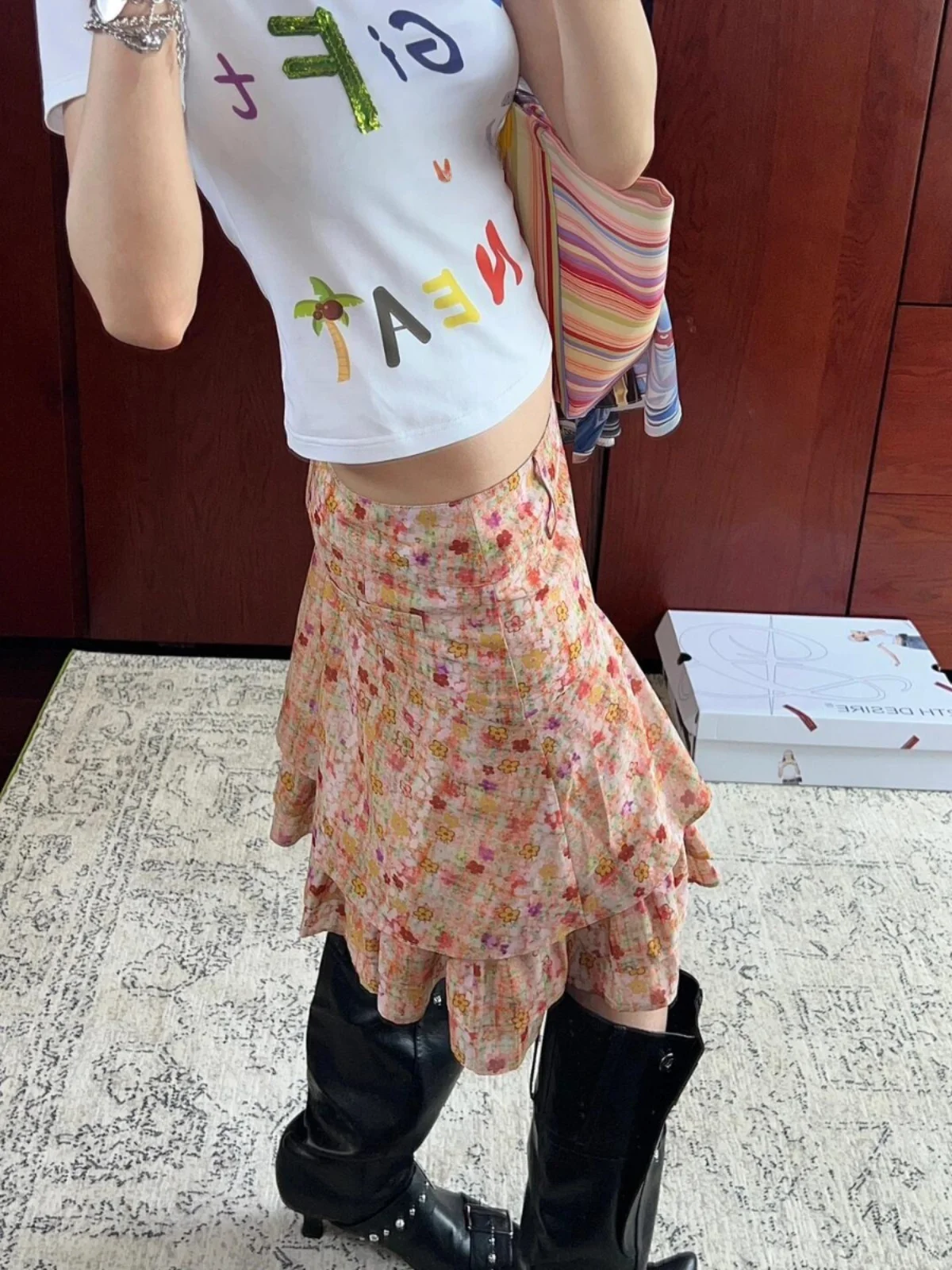 Zomer Vaion oranje bedrukte f rok dames retro patchwork vitali a-lijn midi rok woon-werkverkeer met ritssluiting