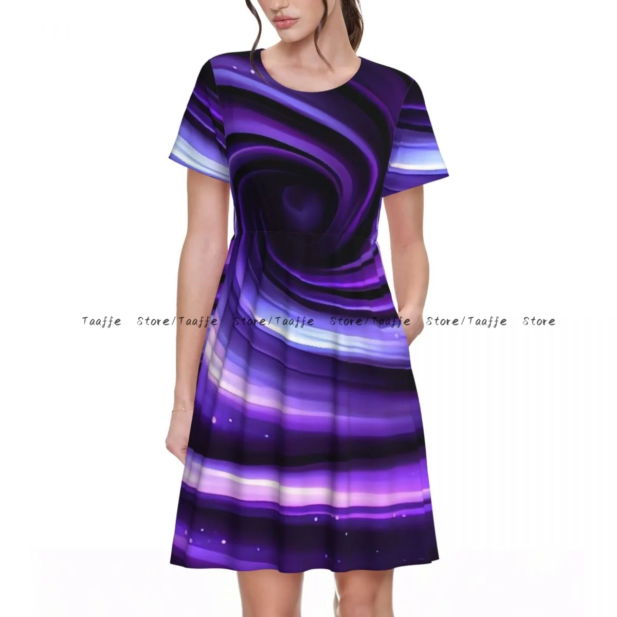 Women Dress Abstract Swirls Design Summer Elegant O Neck Short Sleeve Female Casual Loose Long Dress