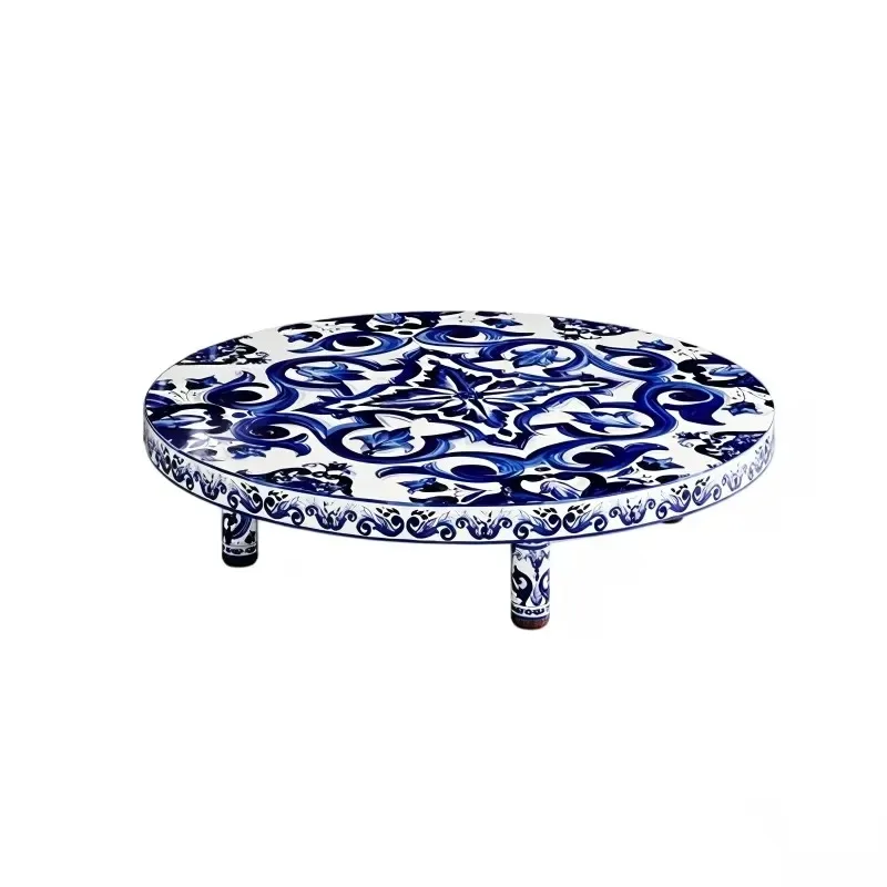 Italian luxury blue and white solid wood coffee table modern art round center table suitable for villa living room