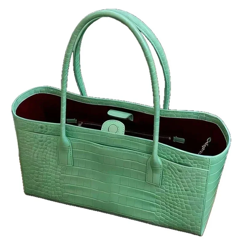 Handtasche mit Krokodilleder-Prägung und Obergriff, Luxuriöse Grüne Tragetasche, Vielseitige Schicke Alltags-Schultertasche für Frauen – Detail 9