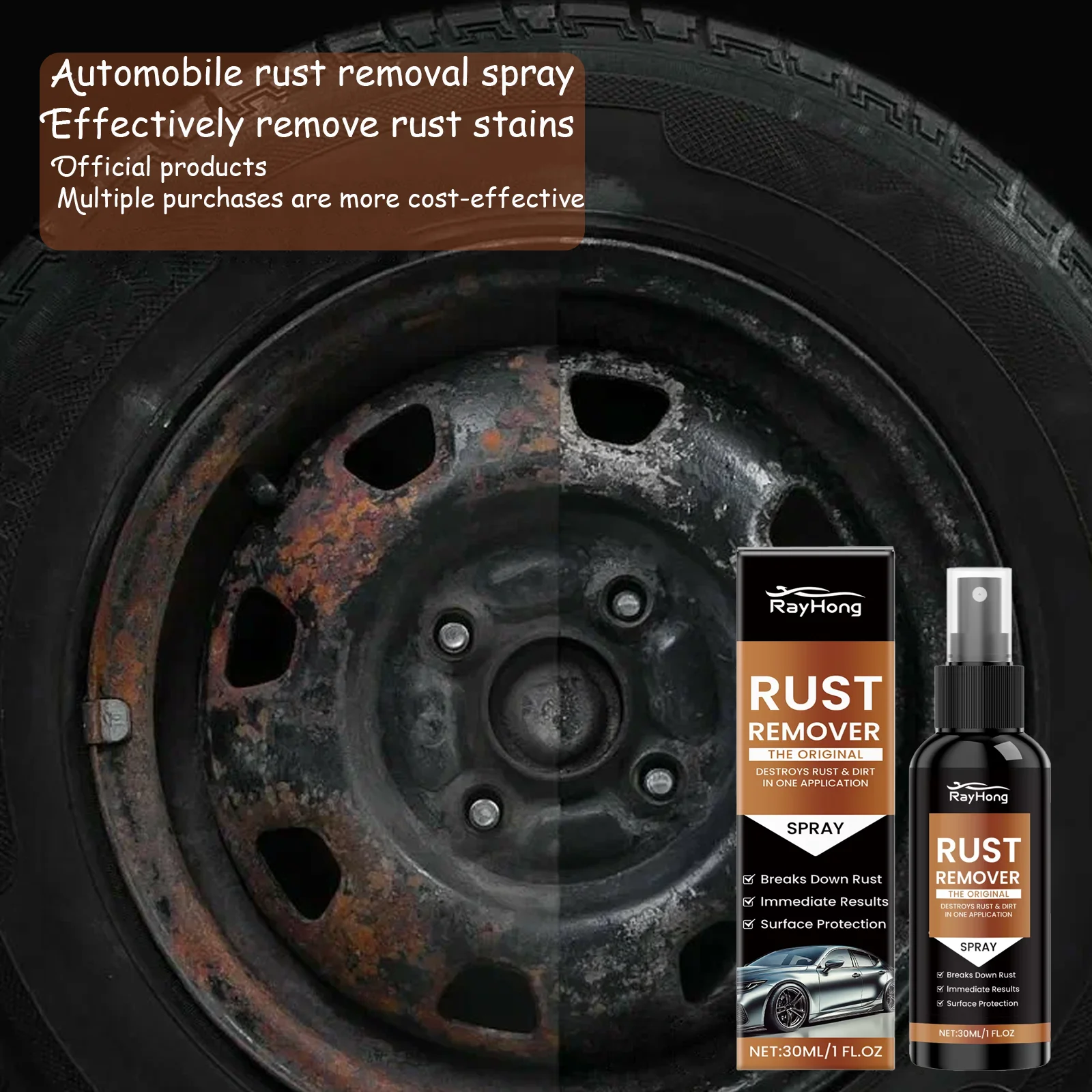 Rayhong 30ml Car Rust Removal Spray for Metal Parts - V Cleaning First Gloss Refurbishment Maintenance Solution