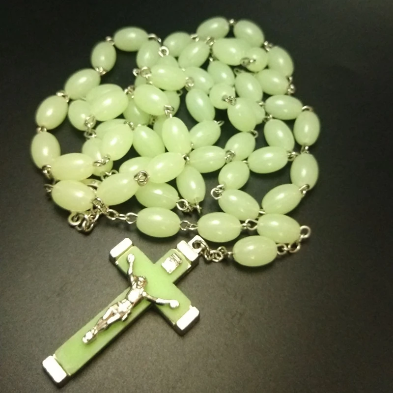 Luminous Plastic Cross Rosary Necklace Jesus Pendant Long Religious Catholic Jewelry For Men Women