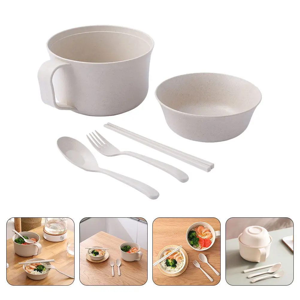 1 Juego de tazón de fideos de paja de trigo con tapa, tazón Bento reutilizable a prueba de fugas para fideos instantáneos, sopa de arroz, ensalada, juego de vajilla para el almuerzo