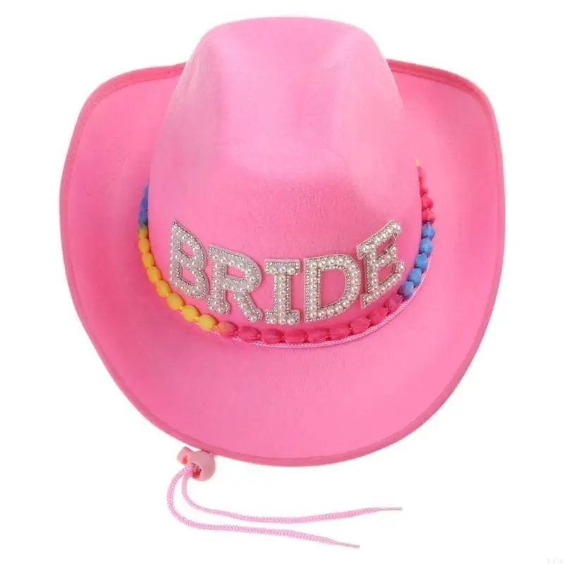 

L5YA Elegant Girl Cowboy Hat Color Chin Rope&Pearl BRIDE Letter Hat for Wedding Party