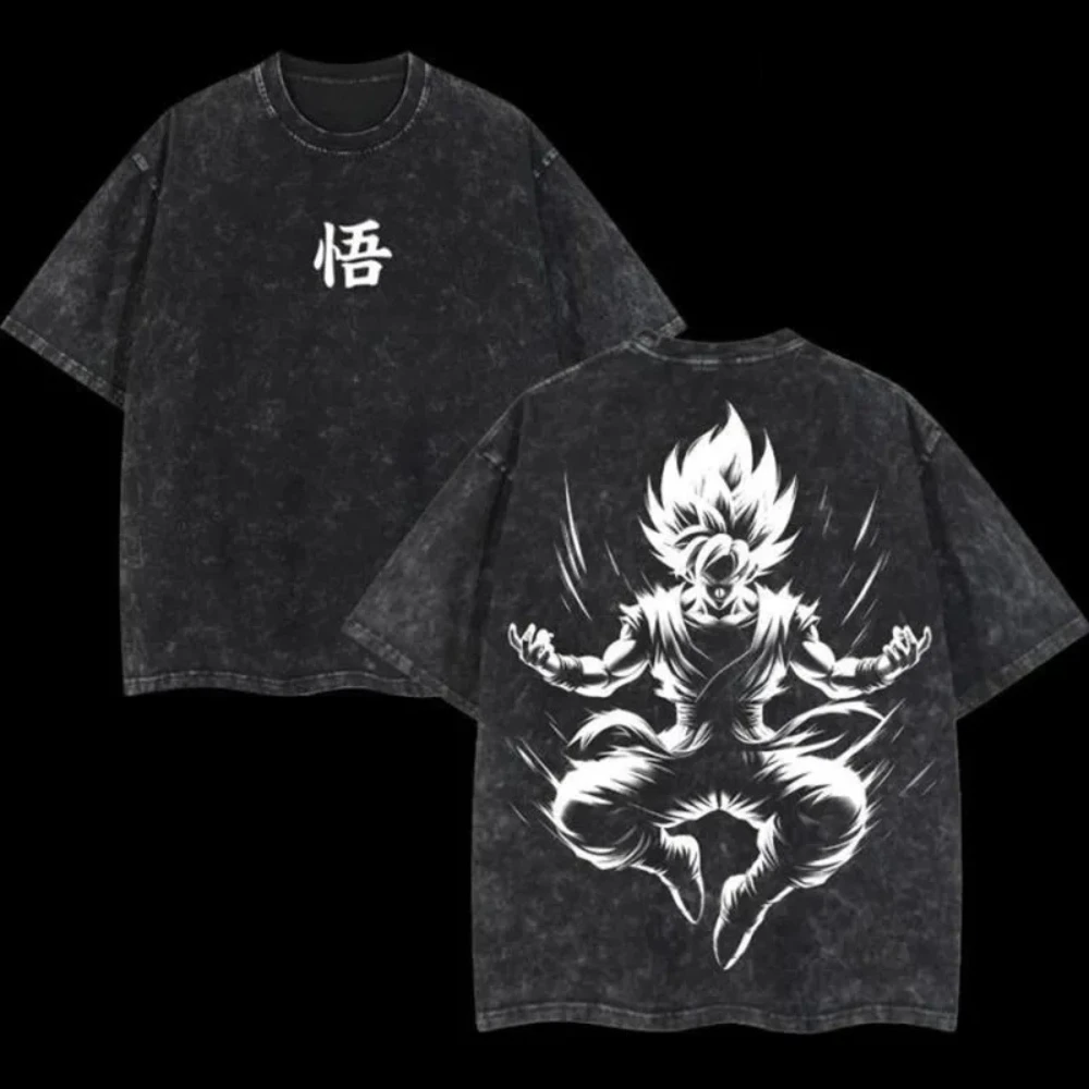

Dragon Ball Z Men's and Women's Washed T-Shirt Son Goku Summer and Spring Anime Cotton Tee Retro Distressed Loose Short Sleeve