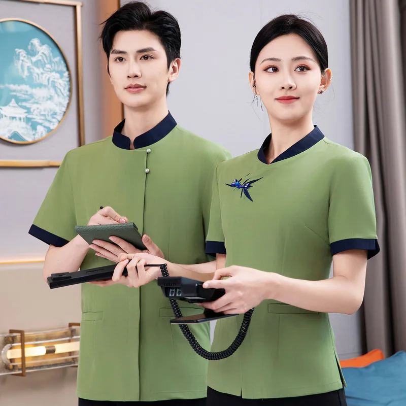 

Новая униформа для чистки с короткими рукавами, летняя форма с ласточкой, асимметричная пуговица, униформа для уборки гостиничного номера, майно на земле в аэропорту