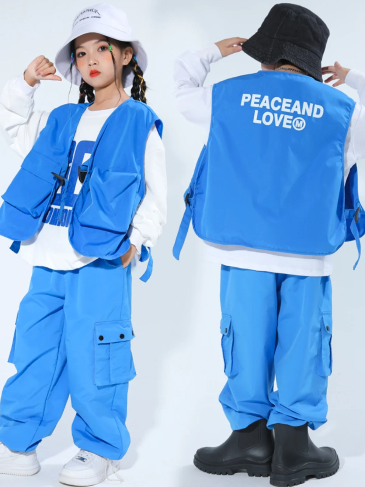 2023 New Jazz Modern Dance Costumes For Kids Blue Vest Hiphop Pants Suit Girls Hip Hop Dance Performance Stage Clothes DQS14496