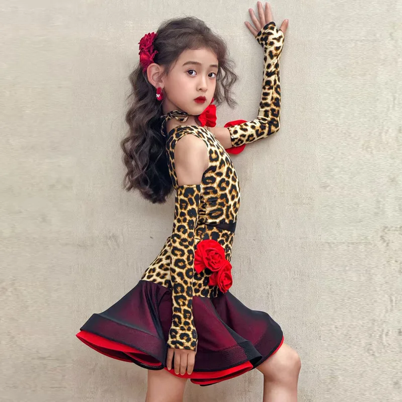 فستان رقص لاتيني مخصص للأطفال بطبعة الفهد ملابس ممارسة شبكية ملابس أداء للفتيات فستان قاعة الرقص بدلة قياسية