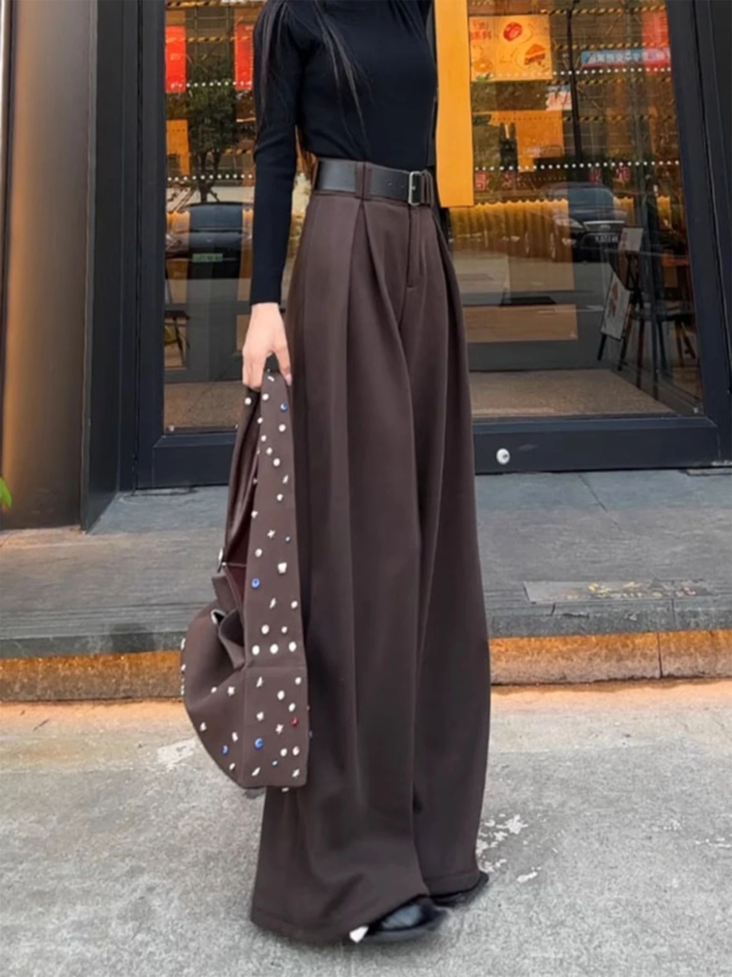 High Waist Wide Leg Suit Pants for Women in Tweed Material Casual Loose Long Length Spring Autumn High Quality Drapey Floor L...