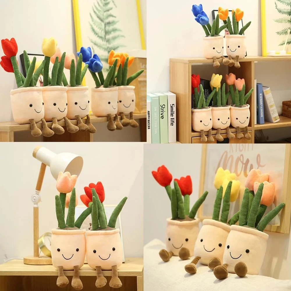 Tulip Plant Plush Toy Succulent Plant Plush Stuffed Toy Potted Flower Decoration Toy Creative Gift for Room Bookshelf Decor