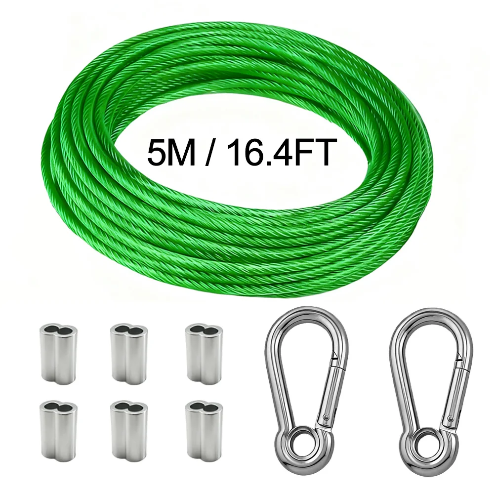 

5M-30M 3mm Green Wire Rope DIY Double-headed Buckle Dog Cable Traction Rope with Circular Ring Metal Buckle Outdoor Dogs Strap