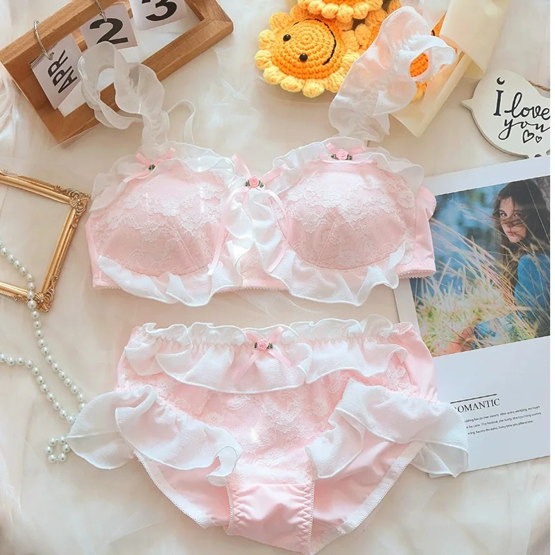 Romantic Japanese sweet lace underwear female thin section without steel ring original home lingerie panty suit