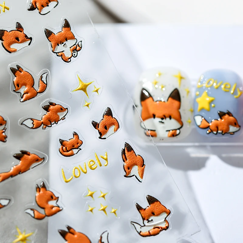 Lovely Red Fox Cartoon 5D Soft Reliefs Self Adhesive Nail Art Stickers Cute 3D Nail Decoration Decals Wholesale Dropshipping