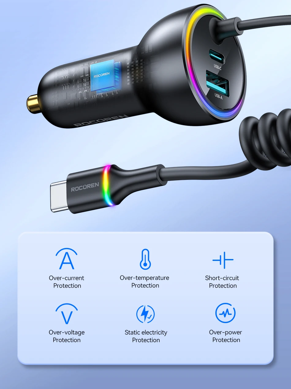Rocoren 70W USB-Autoladegerät, schnelles Laden, PD 35W USB-C-Autoladegerät mit Federladekabel, Typ-C-Autoladegerät für iPhone Xiaomi – Detail 15