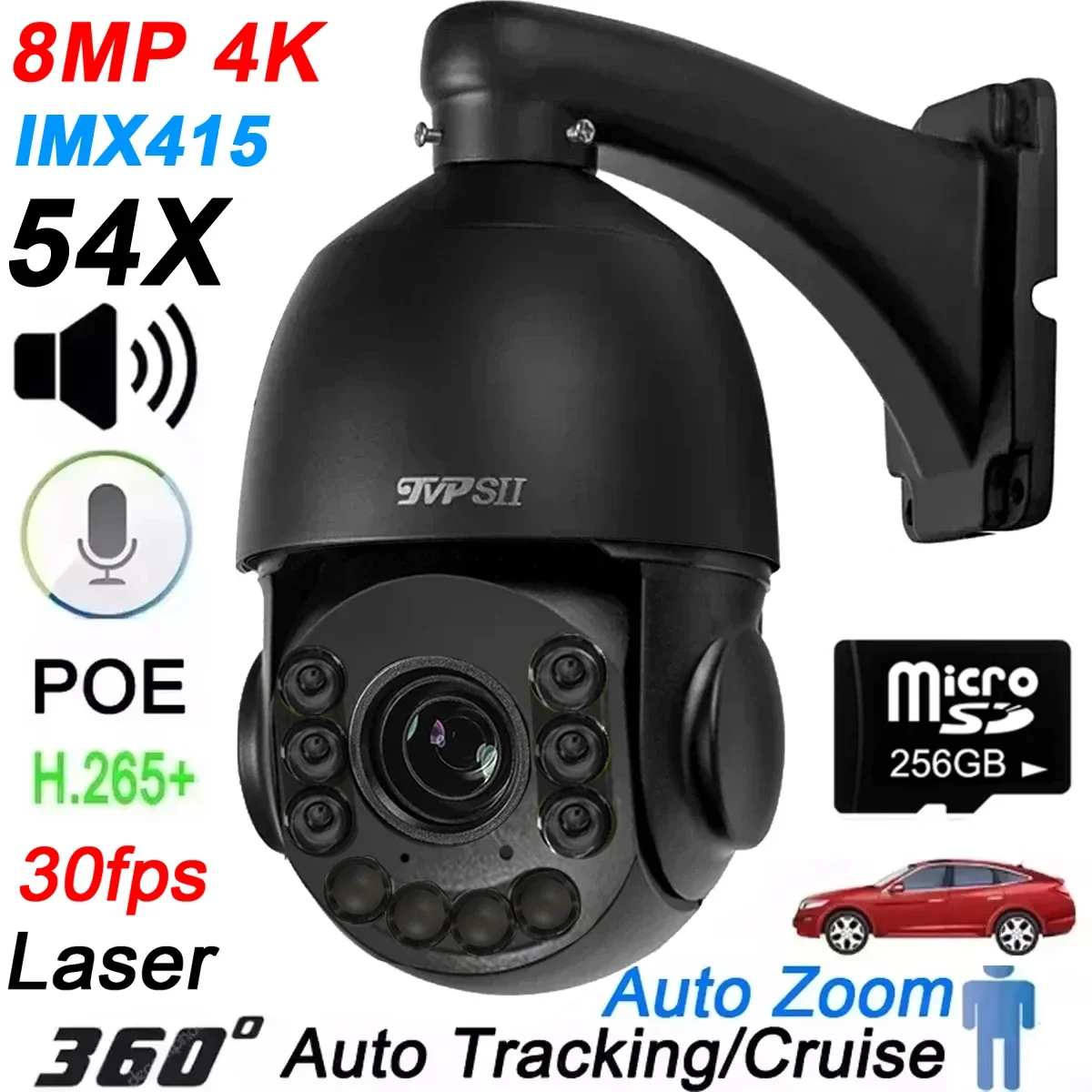 

Metal Black Max.512G Auto Tracking 8MP 54X Optical Zoom 360° Audio Outdoor ONVIF POE PTZ Surveillance Speed Doom CCTV IP Camera