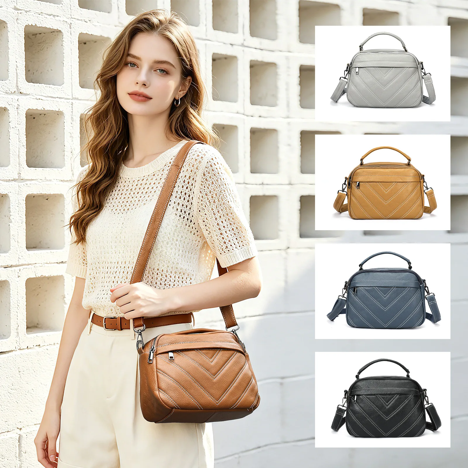 Women Genuine First Layer Cowhide Quilted Stitching Crossbody Shoulder Bag Elegant Flap Chain Handbag Casual Daily Outdoor
