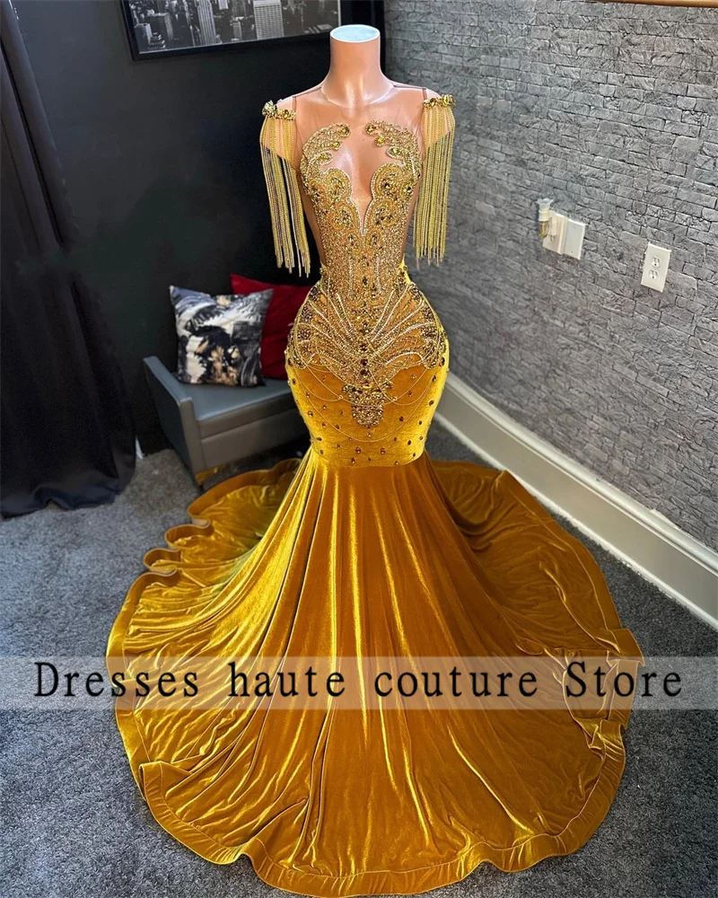 Luxury Gold Diamonds Mermaid Prom Dresses 2024 For Black Girls Crystal Tassles Birthday Party Gowns Rhinestones Evening Dresses