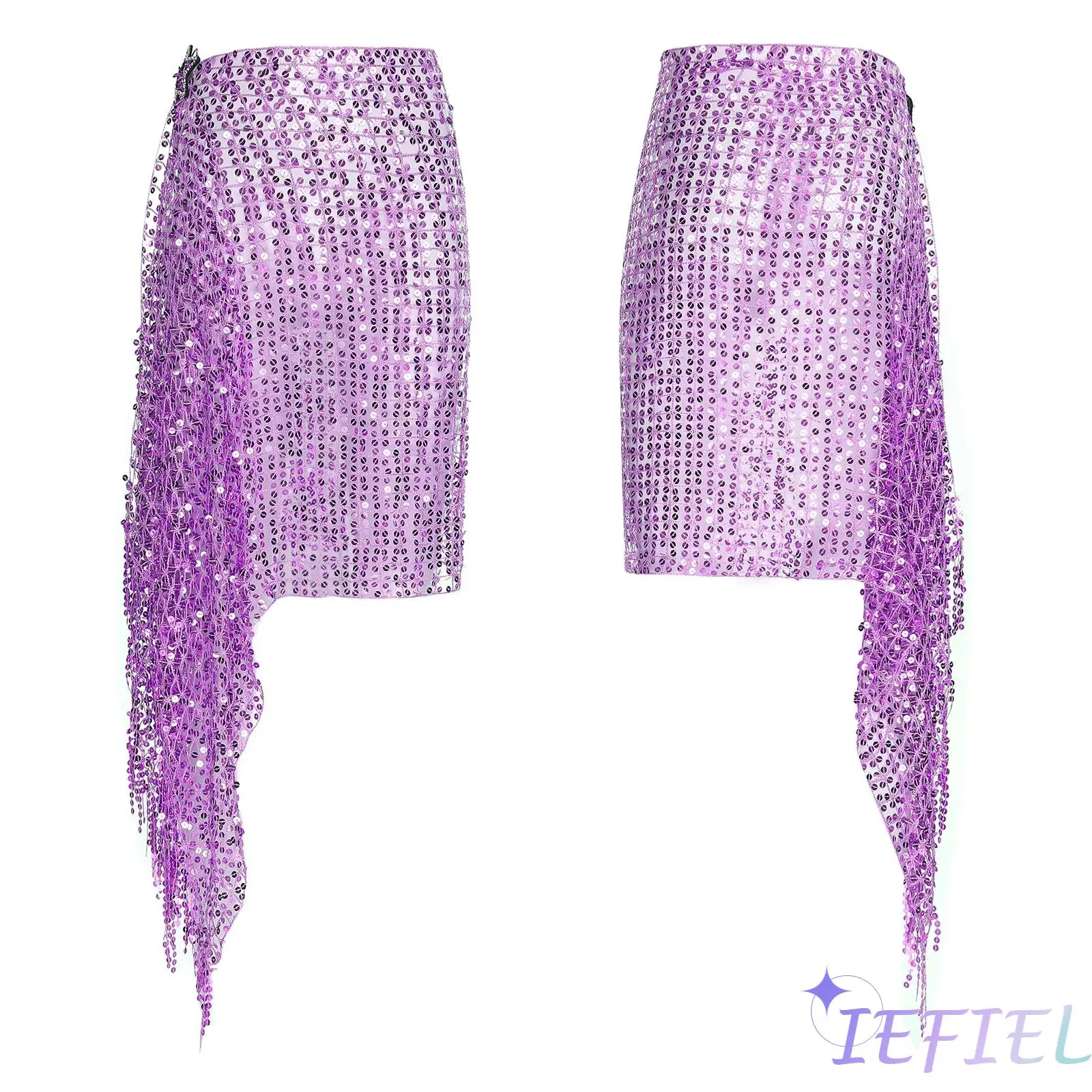 

Womens Glittery Rhinestone Star Clip Sequin Hip Scarf Self-tied Tassel Hip Skirt Waist Chain for Belly Dance Latin Salsa