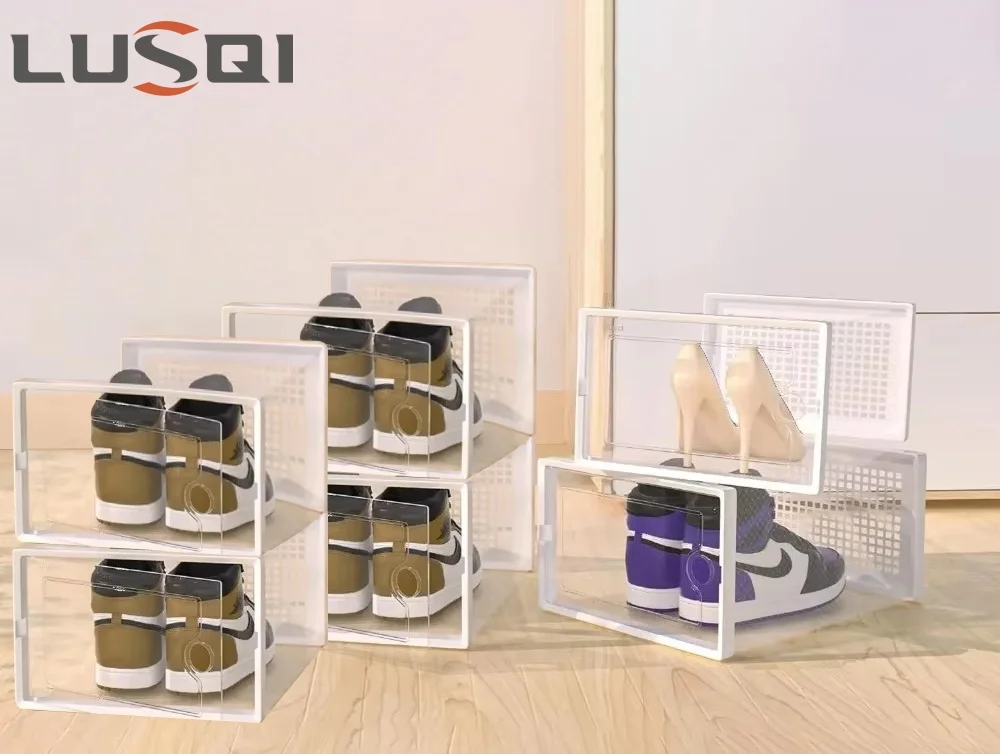 LUSQI 6 Piece Shoe Organizer, Foldable Shoe Box, Clear Plastic, Shoe Organizer, Saves Closet Space, Folding Plastic Boxes