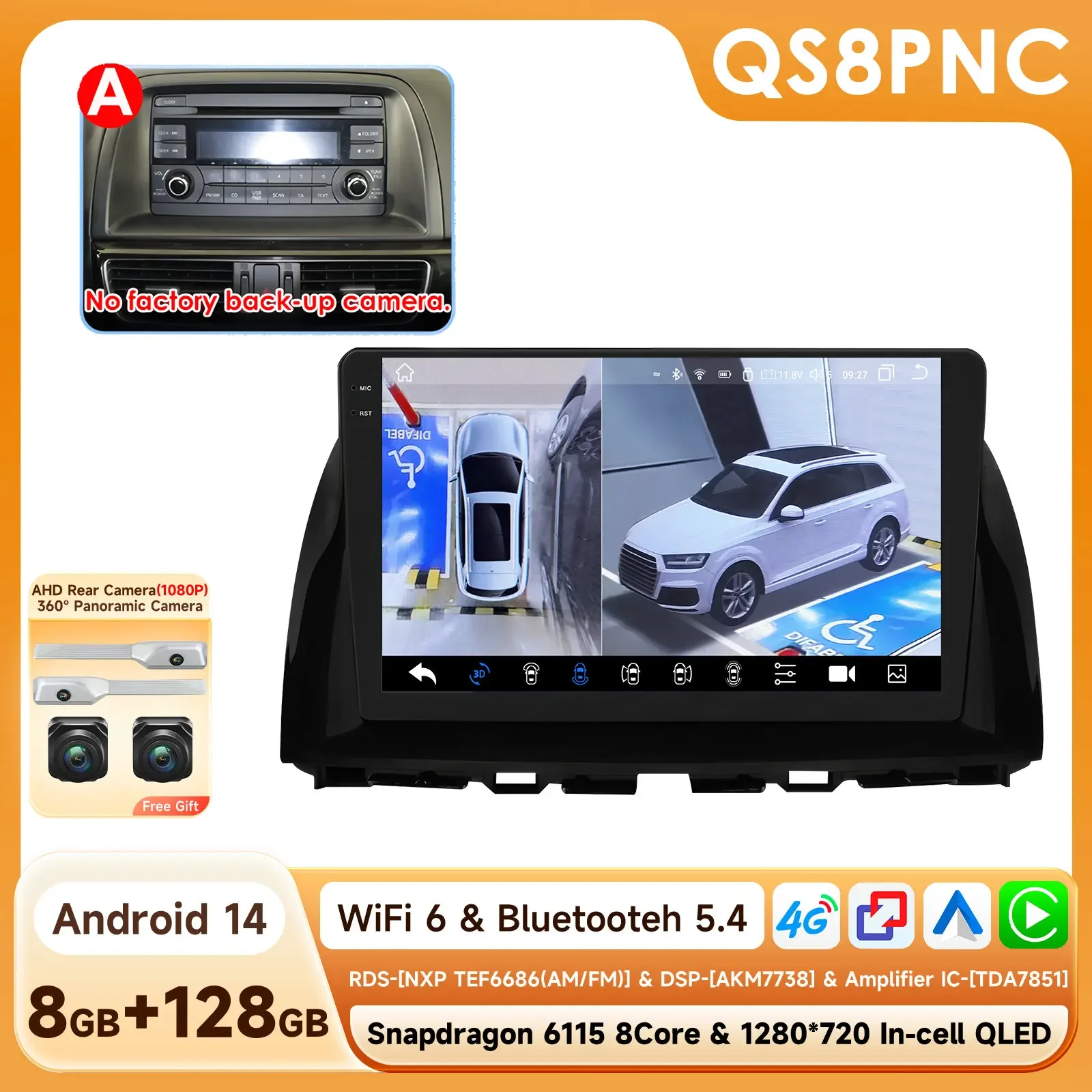 Android 14 Autoradio Autoradio voor Mazda CX5 CX-5 2012-2015 BySnapdragon 6115 multimedia GPS 360 Cam Carplay Android Auto Scherm