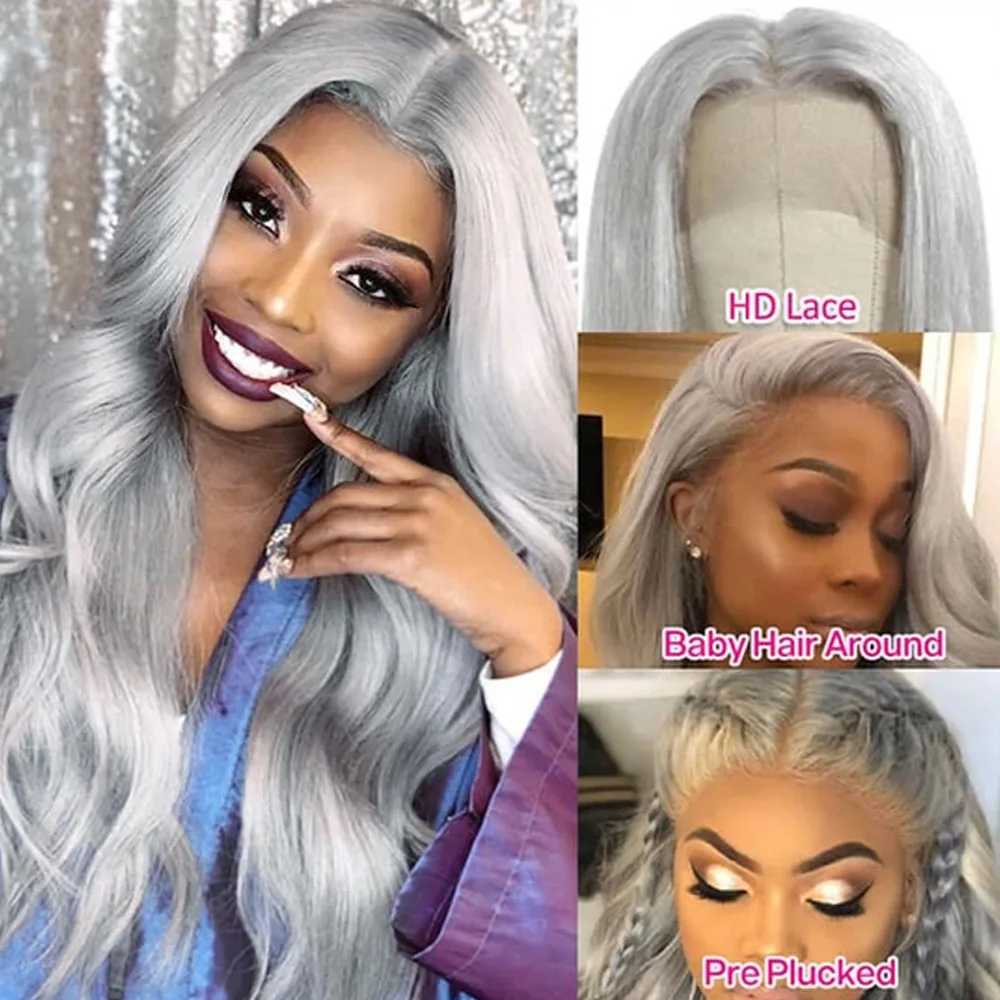 Silver Grey Body Wave 30 40 Inch 200% 220% 250% Density HD Transparent Lace Frontal Wigs 613 Blonde Wigs Human Hair Pre Plucked with Baby Hair Pre Bleached Barbie Hair Style Colored Human Hair Wigs For Women
