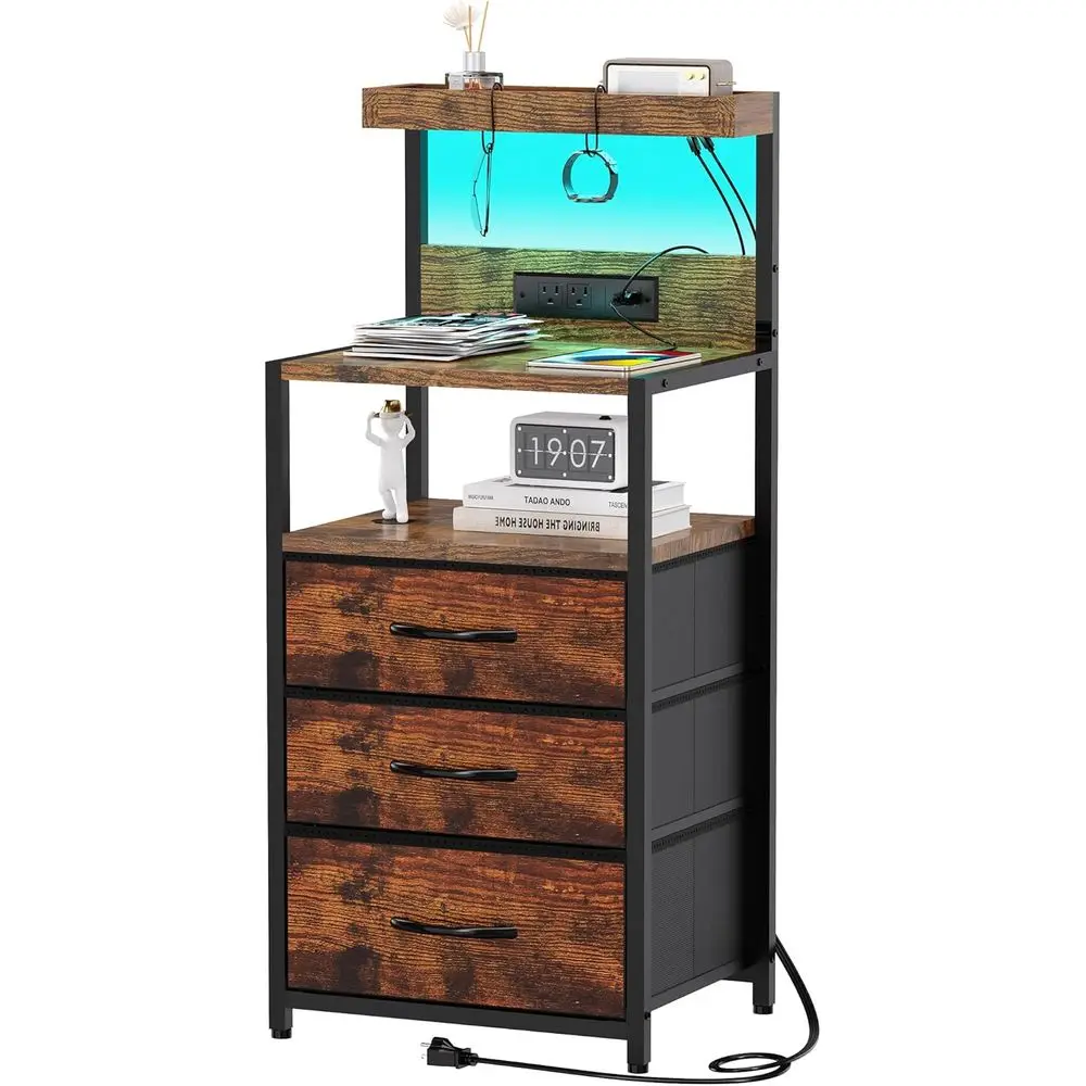 

Rustic Brown Nightstand with Charging Station, Storage, LED Lights, and Hooks for Bedroom