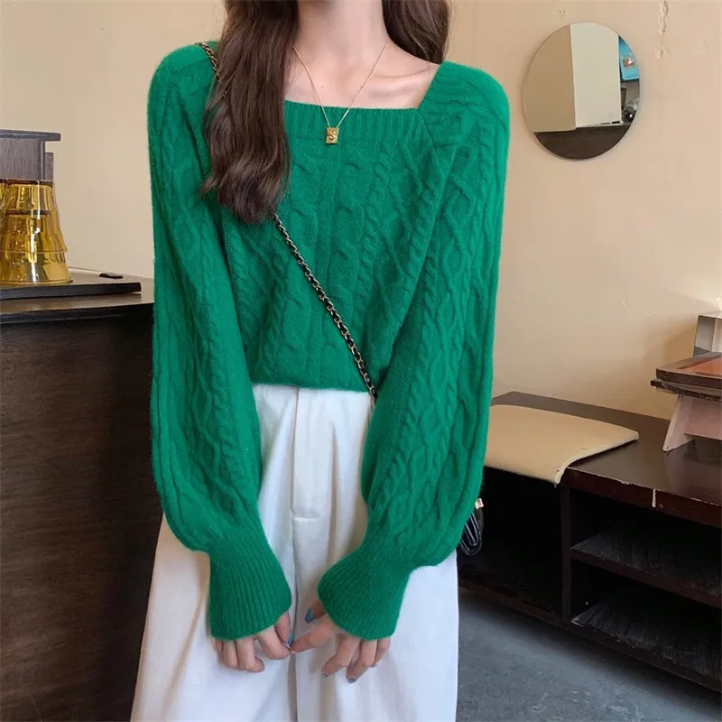 Sweater Woman autumn/winter Twist Korean Style Loose Knitwear Solid Color Square Neck woman's Sweater Dropshipping PYG0645