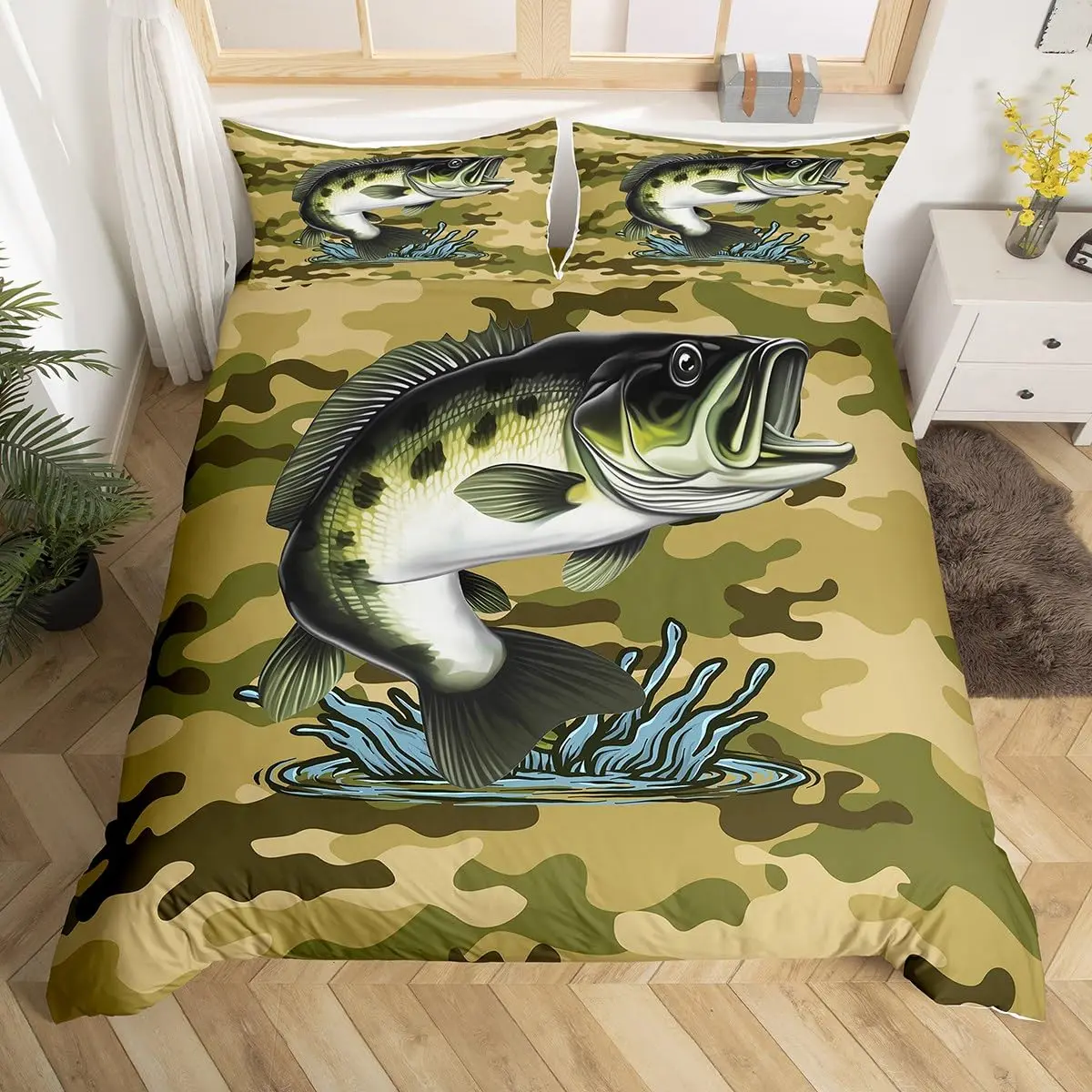 Pike Fish Duvet Cover King Queen Bass Big Fishes Bedding Set Fishing and Hunting Fisherman Fish Man Fish Hook Comforter Cover