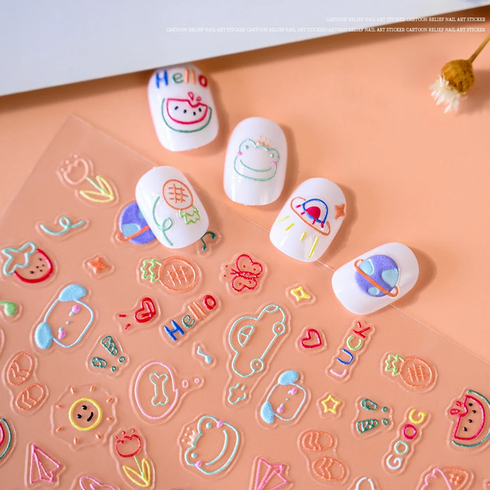 Cute Cartoon 5D Nail Art Stickers Self-adhesive Decals DIY Cute 5D Reliefs Panda/Car/Fruit Pattern Manicure Slider Decoration